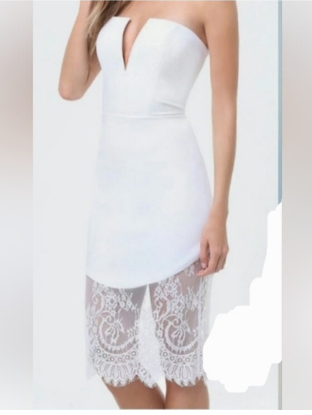 bebe Strapless White Midi Dress with Lace Hem